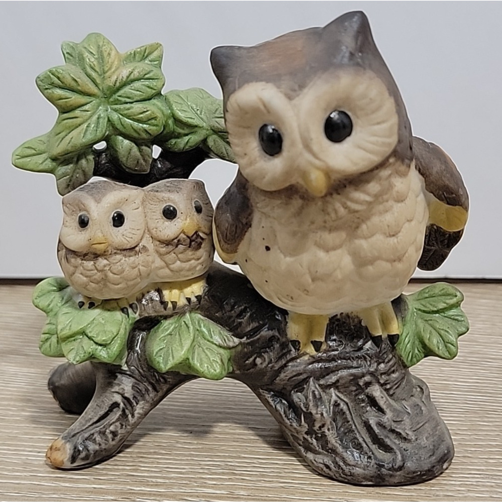 Vintage Owl Figurine Mother With 2 Baby Owls Perched on Branch Porcelain Korea
